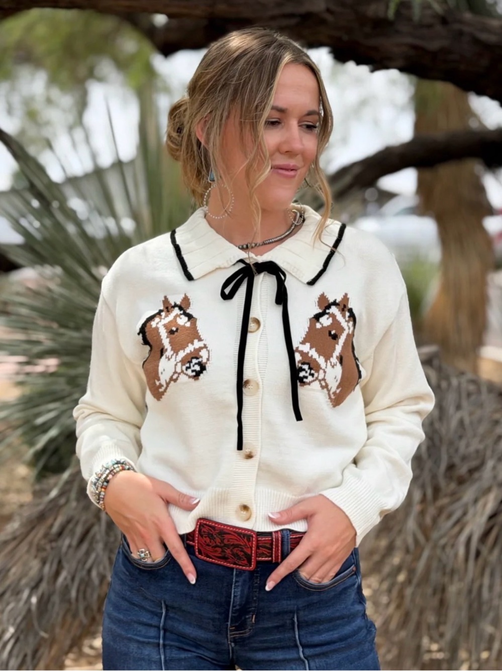 Rowdy Crowd Cool Horse Cardigan Western Knit Collared Ribbon Tie Sweater size 2X